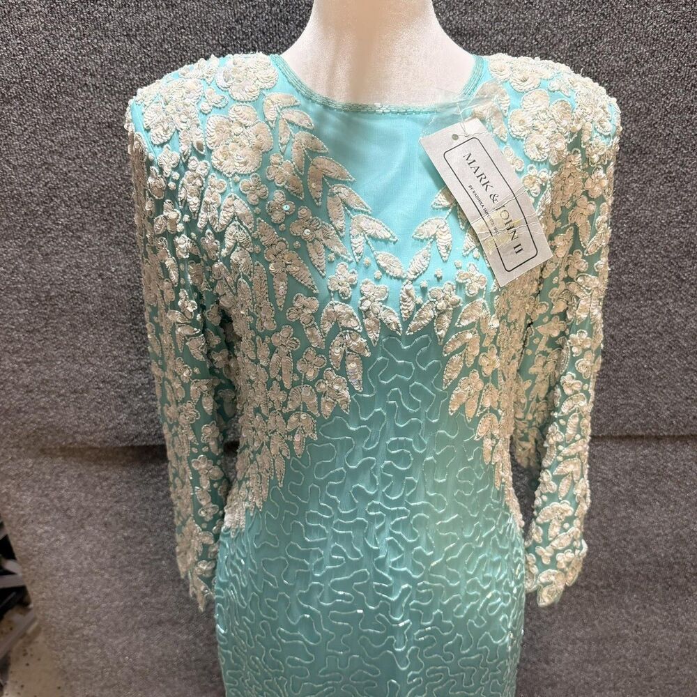 Vintage Mark & John II Dress Womens Large Blue Sequin Beaded Silk Floral Formal